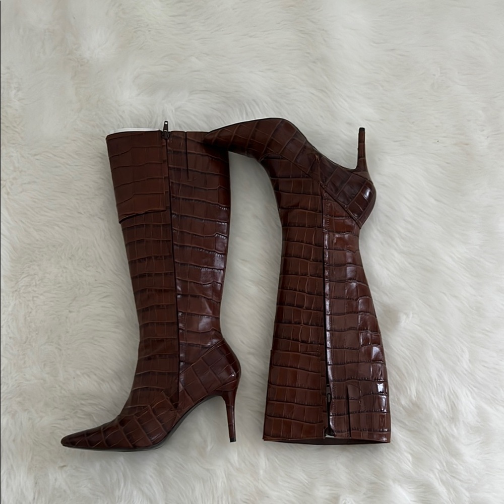 Lauren Ralph Lauren Elegant Brown Crocodile-Embossed Knee-High Boots - Picture 2 of 11